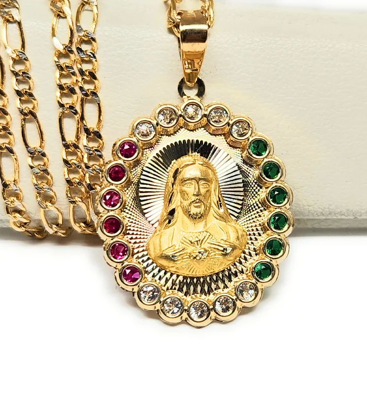 10k Solid Gold Jesus Sagrado Corazon CZ Pendant Necklace (MADE IN MX)