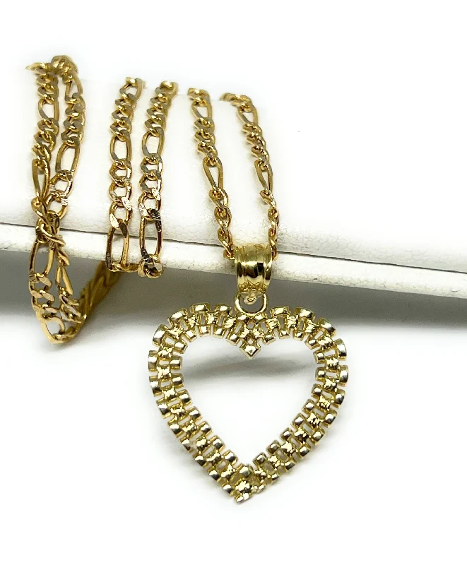 10k Solid Gold "Rolex" Style Heart Pendant Necklace Figaro Chain