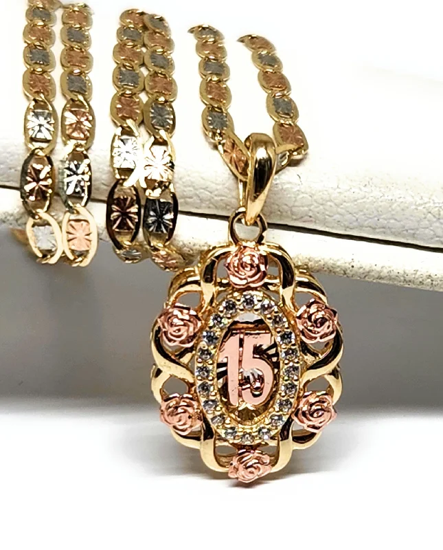 10k Solid Gold Tri-Color Mis 15 Años CZ Flower Pendant Necklace (FC)