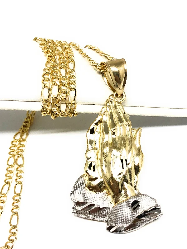 personalized couples necklace gold 10k Solid Gold Yellow 2-Tone Classic Praying Hands Pendant Necklace (LG,MED)