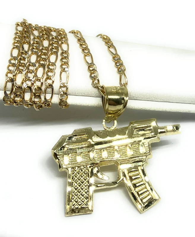 10k Solid Gold Yellow Machine Gun UZI Pendant Necklace