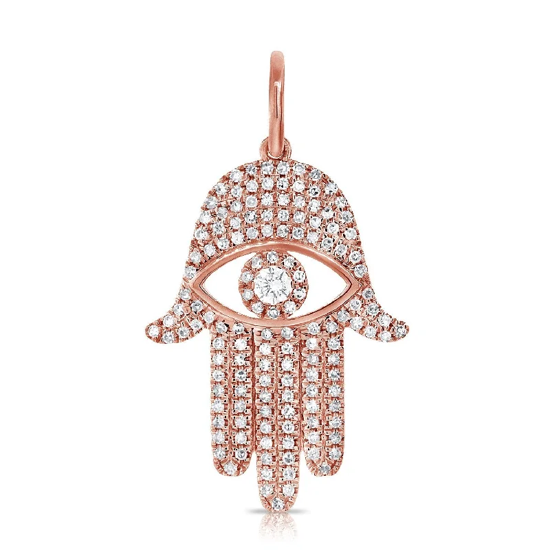 14K Rose Diamond Evil Eye X-Large Hamsa Pendant