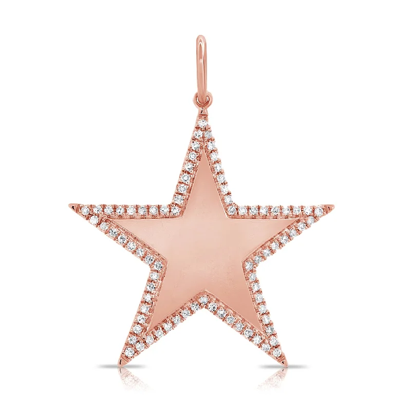 14K Rose Gold Diamond Border Large Polished Star Pendant