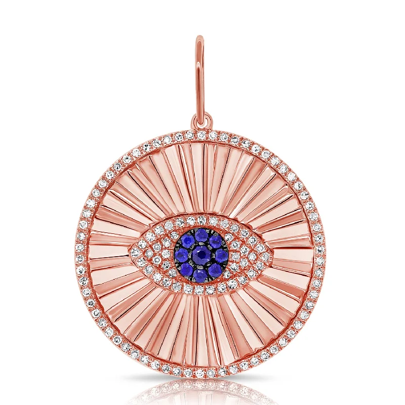 14K Rose Gold Diamond+Sapphire Evil Eye Halo Pendant