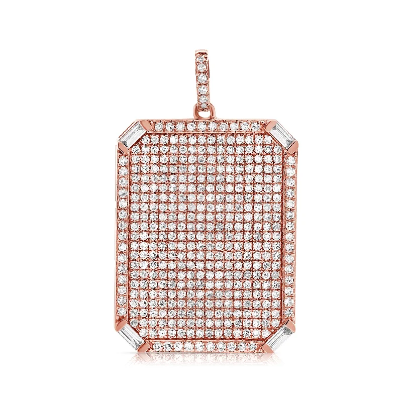 14K Rose Gold Round+Baguette Diamond Rectangle Pendant