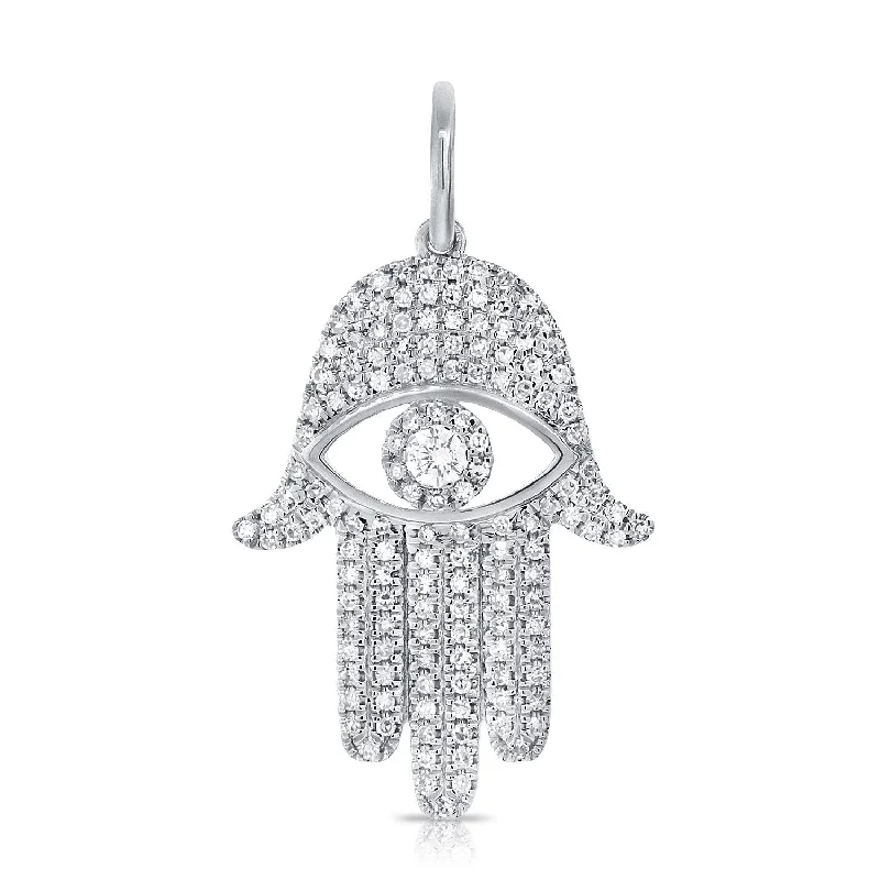 14K White Diamond Evil Eye X-Large Hamsa Pendant