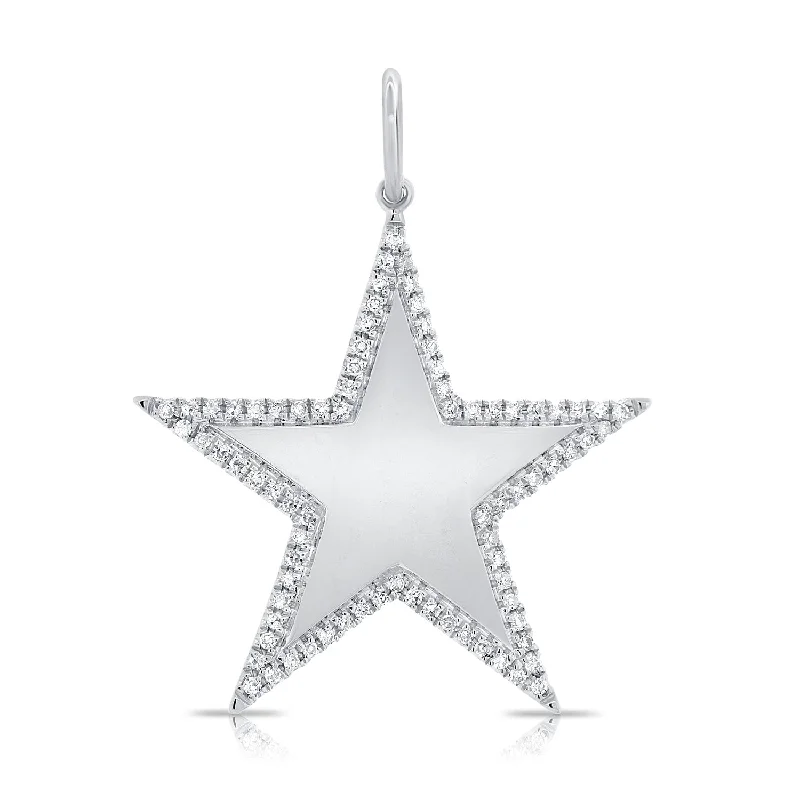 14K White Gold Diamond Border Large Polished Star Pendant