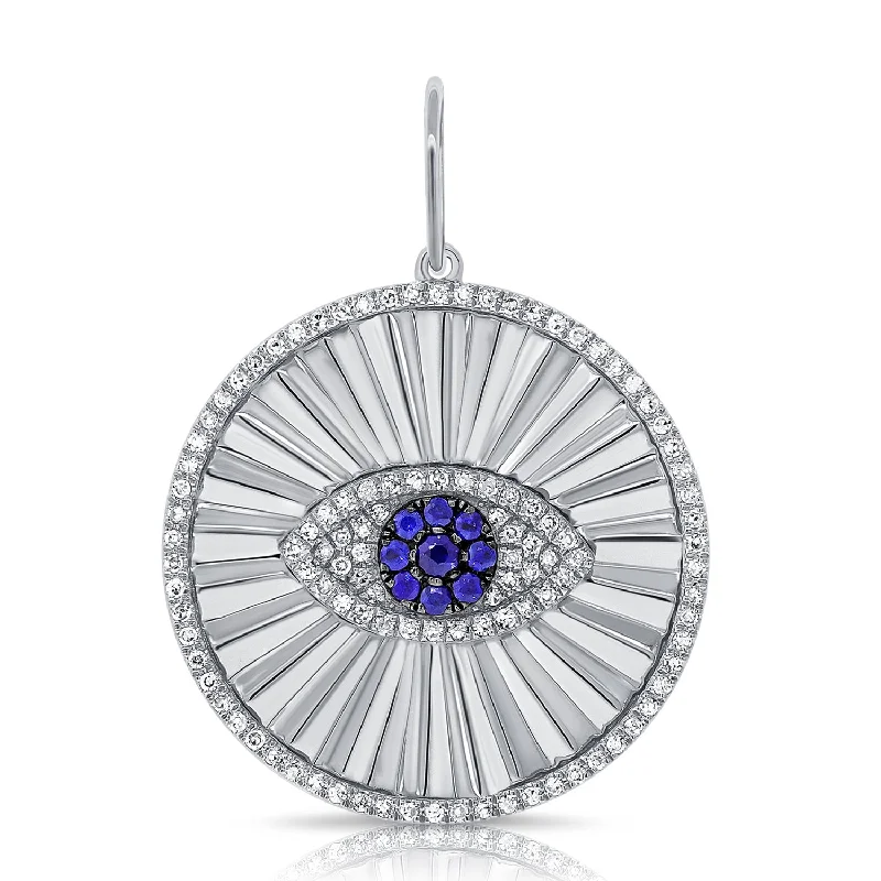 14K White Gold Diamond+Sapphire Evil Eye Halo Pendant