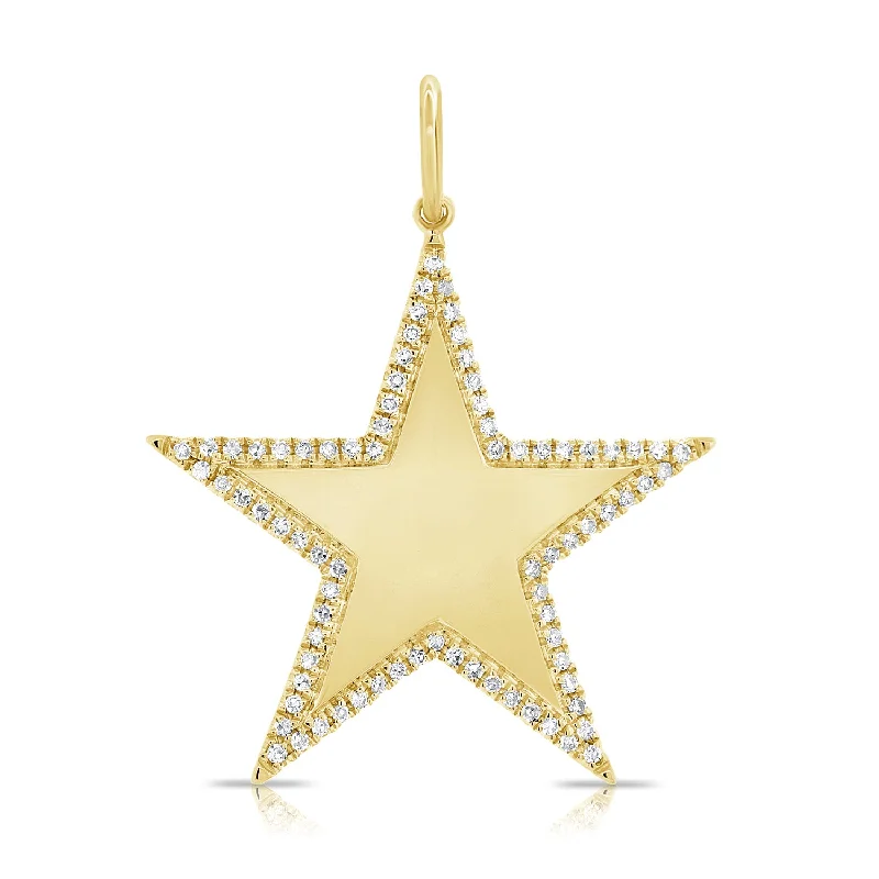 14K Yellow Gold Diamond Border Large Polished Star Pendant