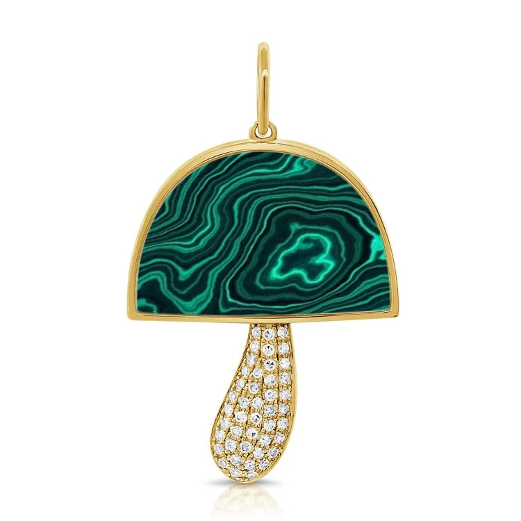 personalized gold bar necklace 14K Yellow Gold Diamond + Malachite Mushroom Pendant
