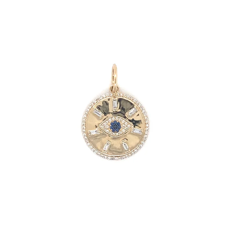 14K Yellow Gold Diamond + Sapphire Evil Eye Disc Pendant