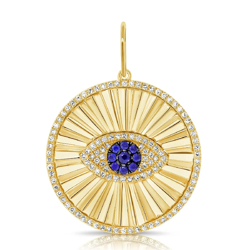 14K Yellow Gold Diamond+Sapphire Evil Eye Halo Pendant