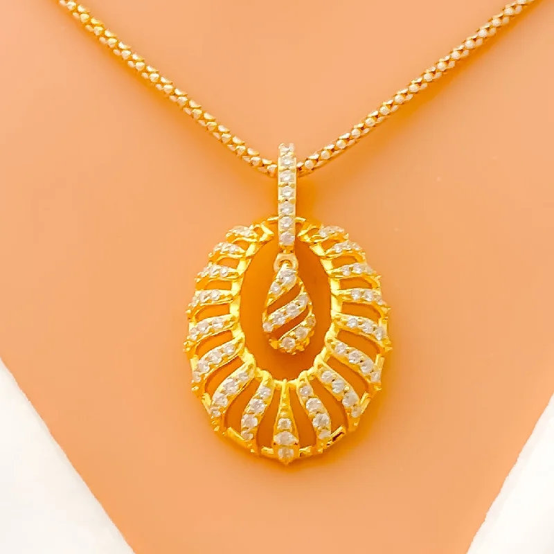 Delicate Oval Ornate Diamond + 18k Gold Pendant