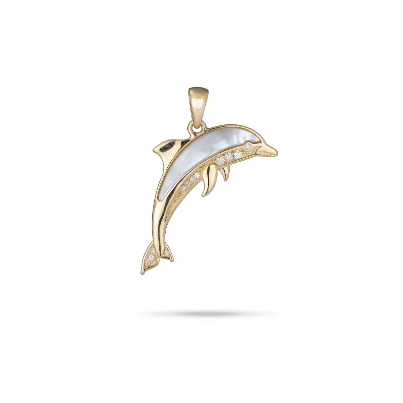 adjustable gemstone choker Sealife Dolphin Mother of Pearl Pendant in Gold with Diamonds - 29mm