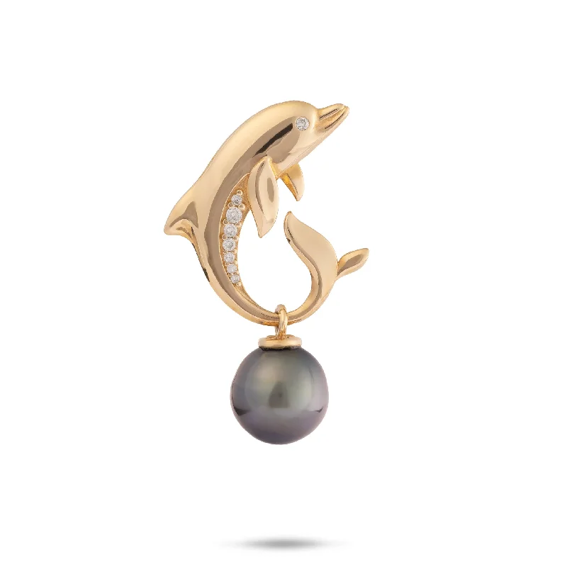 dainty gemstone chain bracelet Ocean Dance Dolphin Tahitian Black Pearl Pendant in Gold with Diamonds - 9-10mm dainty gemstone chain bracelet Ocean Dance Dolphin Tahitian Black Pearl Pendant in Gold with Diamonds - 9-10mm