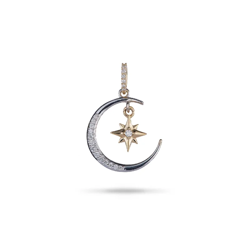 Moon & Star Mermaid Pendant in Two Tone Gold with Diamonds - 19.5mm