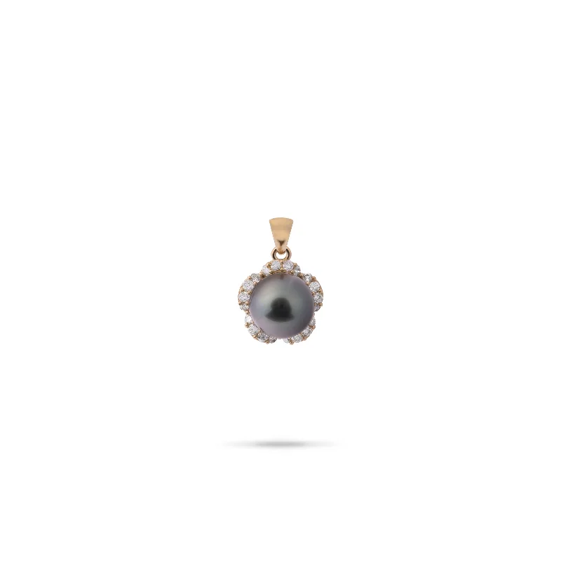 Plumeria Tahitian Black Pearl Pendant in Gold with Diamonds - 9-10mm