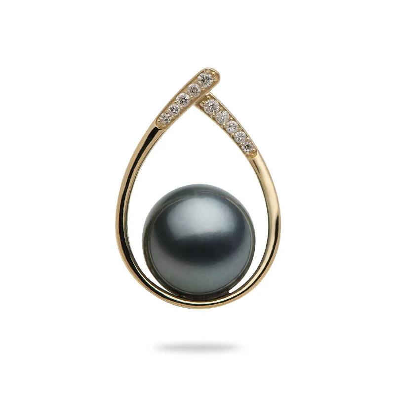 Teardrop Tahitian Black Pearl Pendant in Gold with Diamonds - 10-11mm