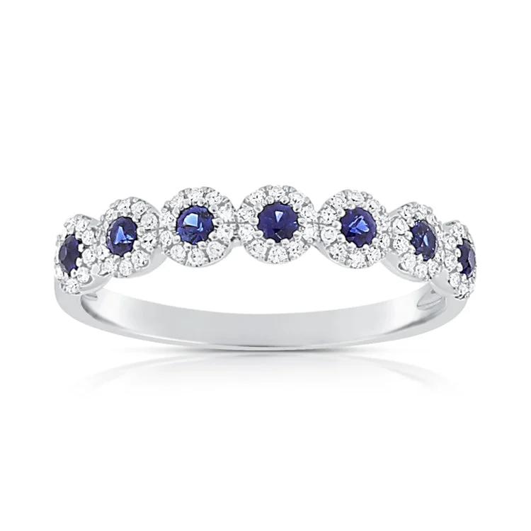 14K White Gold Diamond Halo + Sapphire Band