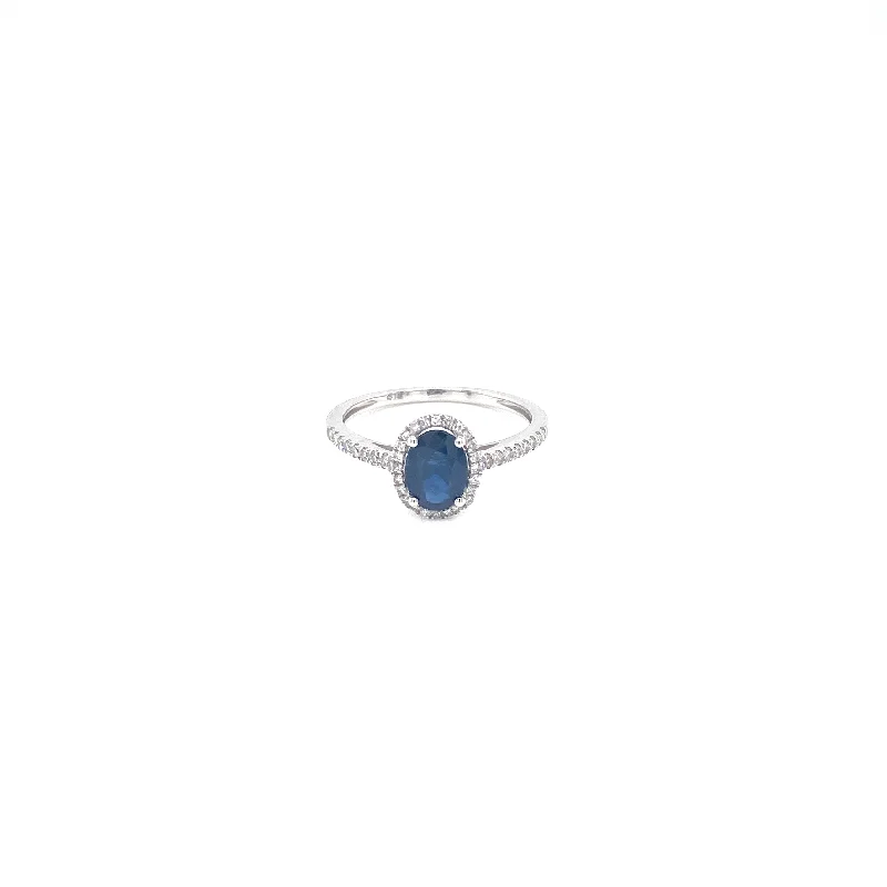 14K White Gold Oval Blue Sapphire + Round Diamond Ring