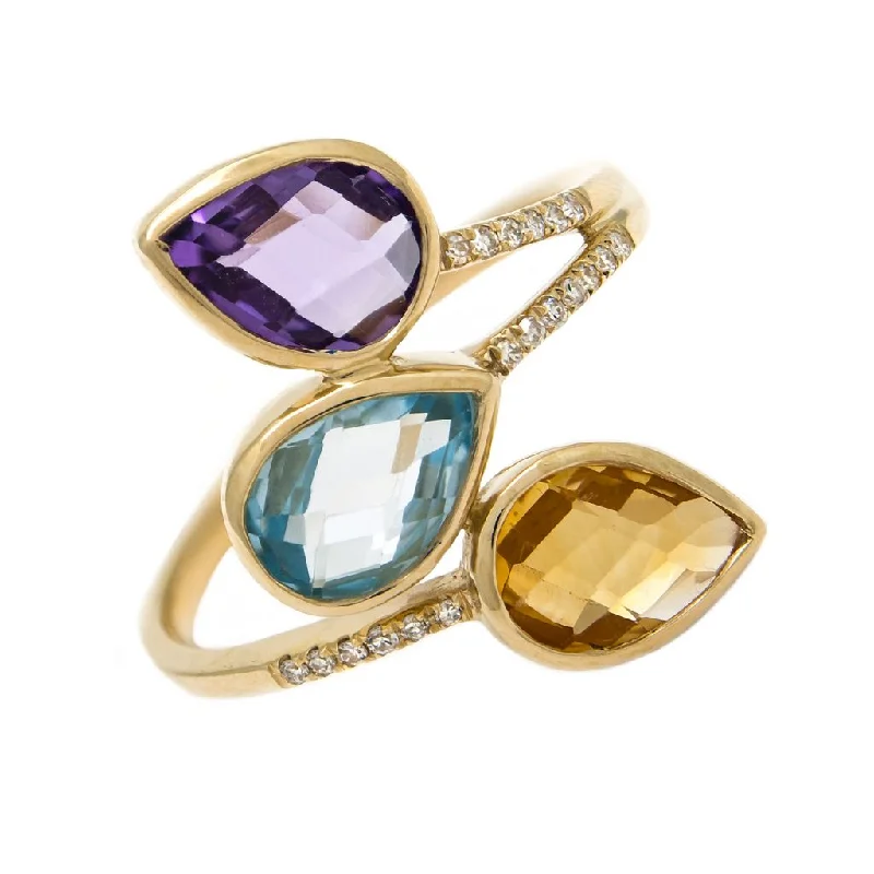 14K Yellow Gold Amethyst, Citrine, Blue Topaz Pear Ring