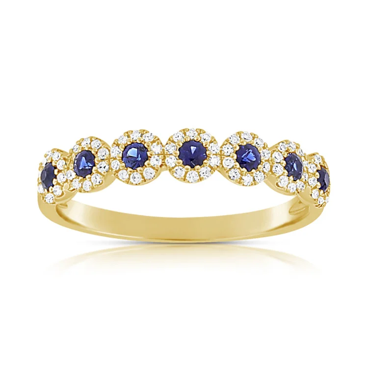 14K Yellow Gold Diamond Halo + Sapphire Band