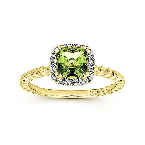 14K Yellow Gold Diamond + Peridot Beaded Band Ring