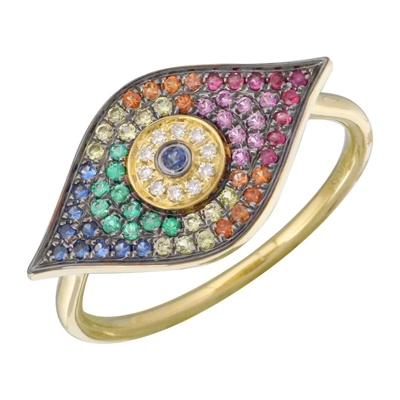 14K Yellow Gold Rainbow Evil Eye Ring