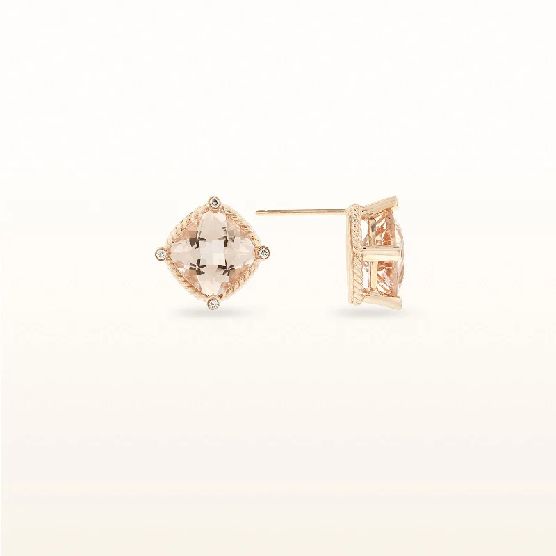 Cushion Cut Morganite and Diamond Earrings in 14kt Rose Gold