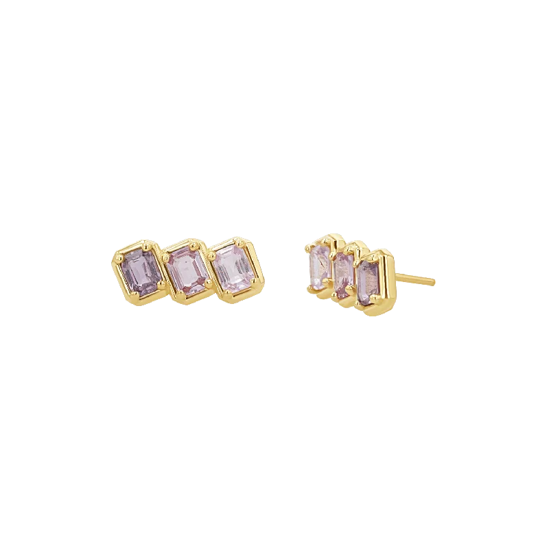 Emerald Cut Pink Ombré Trio Sapphire Earrings