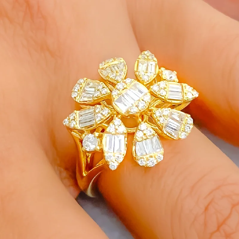 Glamorous Dressy Flower 18K Gold + Diamond Statement Ring