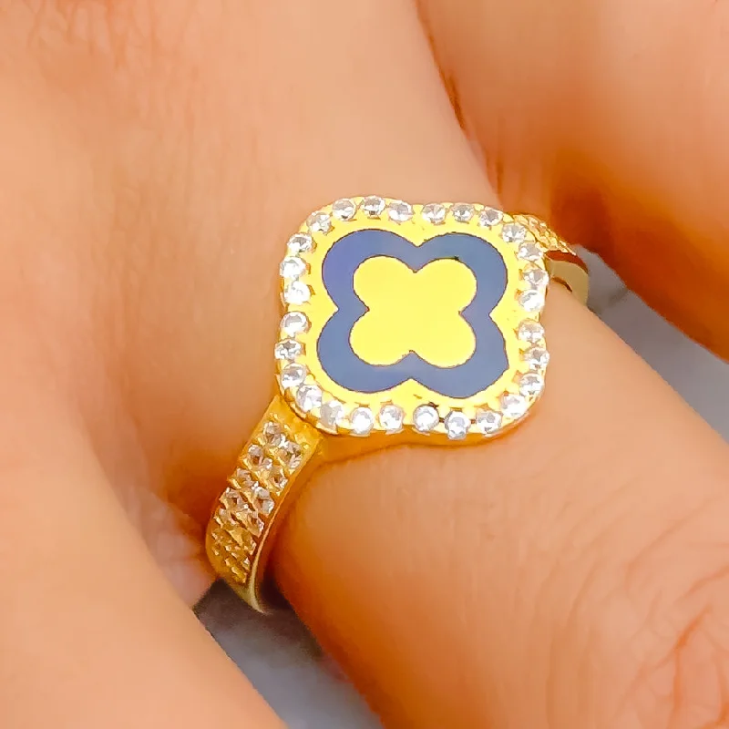 Graceful Enameled 21k Gold CZ Ring