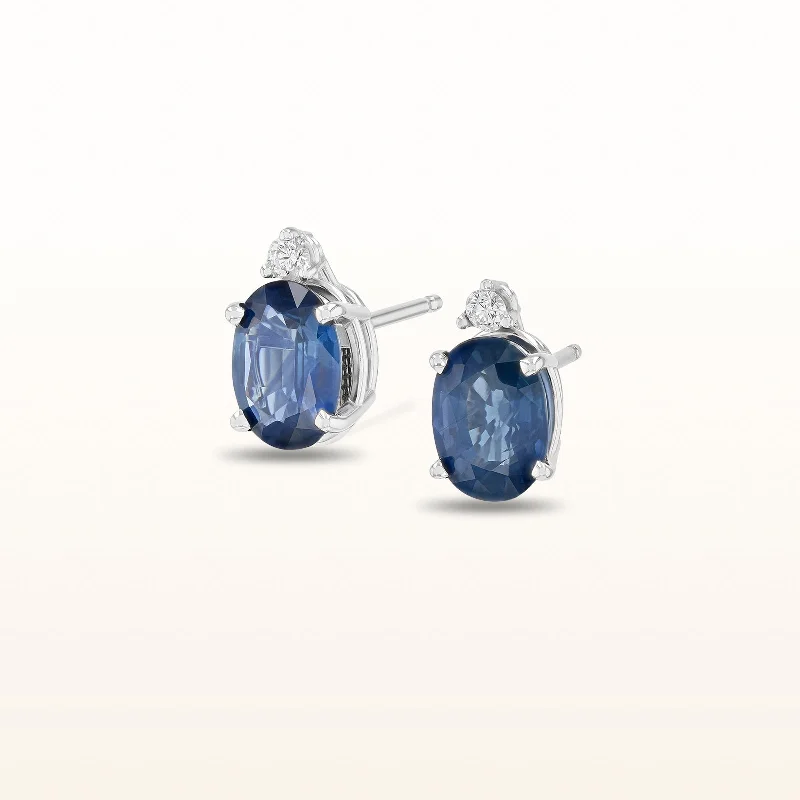 Oval Blue Sapphire and Diamond Earrings in 14kt White Gold