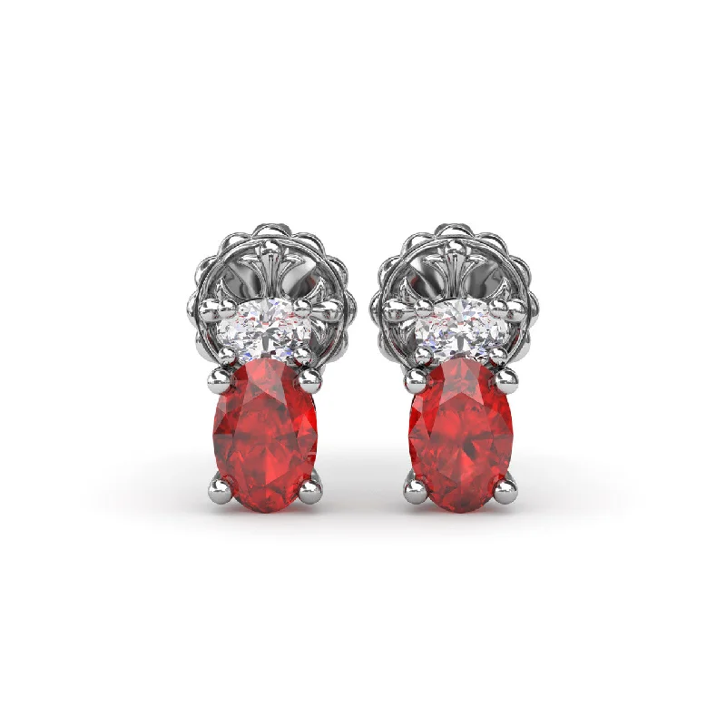 Oval Ruby and Diamond Stud Earrings