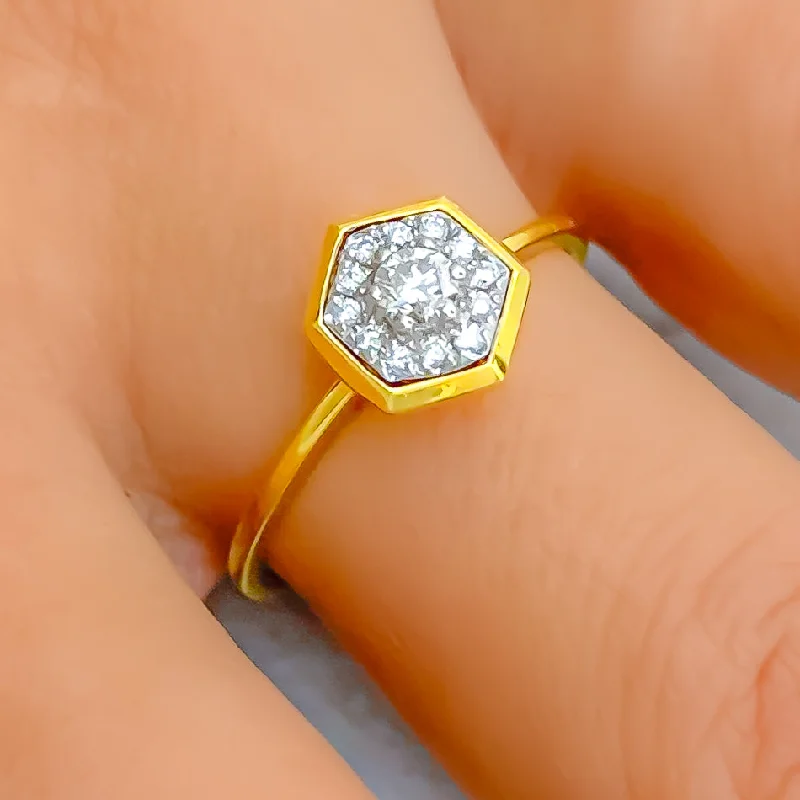 Trendy Hexagon 18k Gold + Diamond Ring