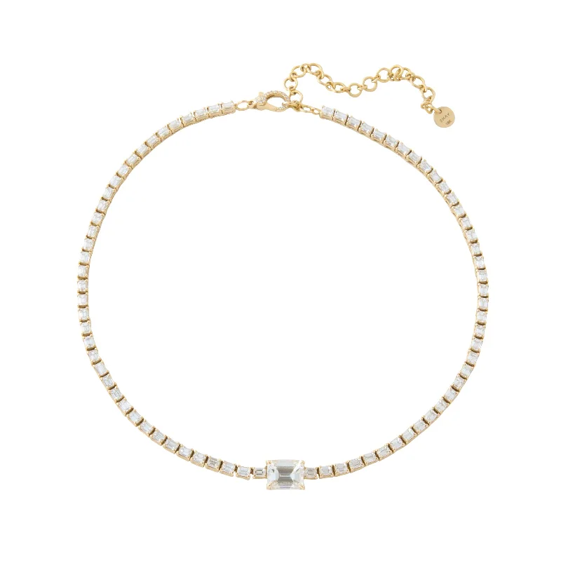 Baguette Diamond Tennis Necklace with Emerald Cut Diamond Center