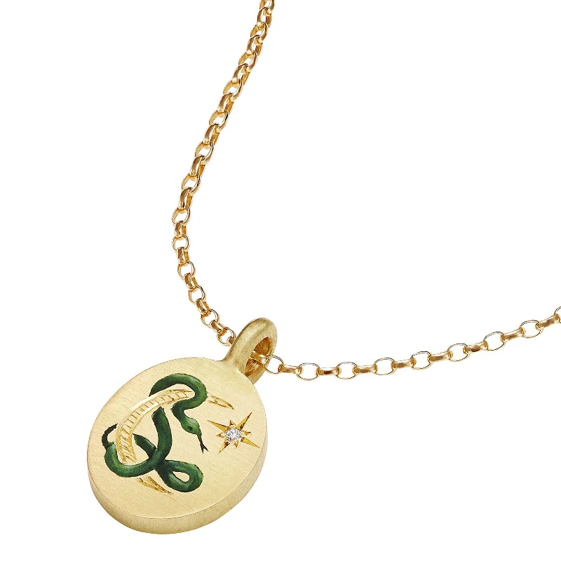 Enamel Snake and Moon Pendant Necklace