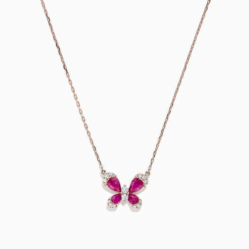 Nature 14K Rose Gold Ruby and Diamond Butterfly Necklace, 1.62 TCW