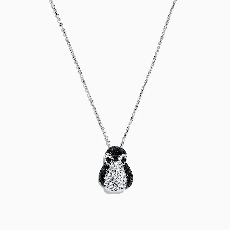 Safari Sterling Silver Diamond and Black Sapphire Penguin Pendant, 1.03 TCW