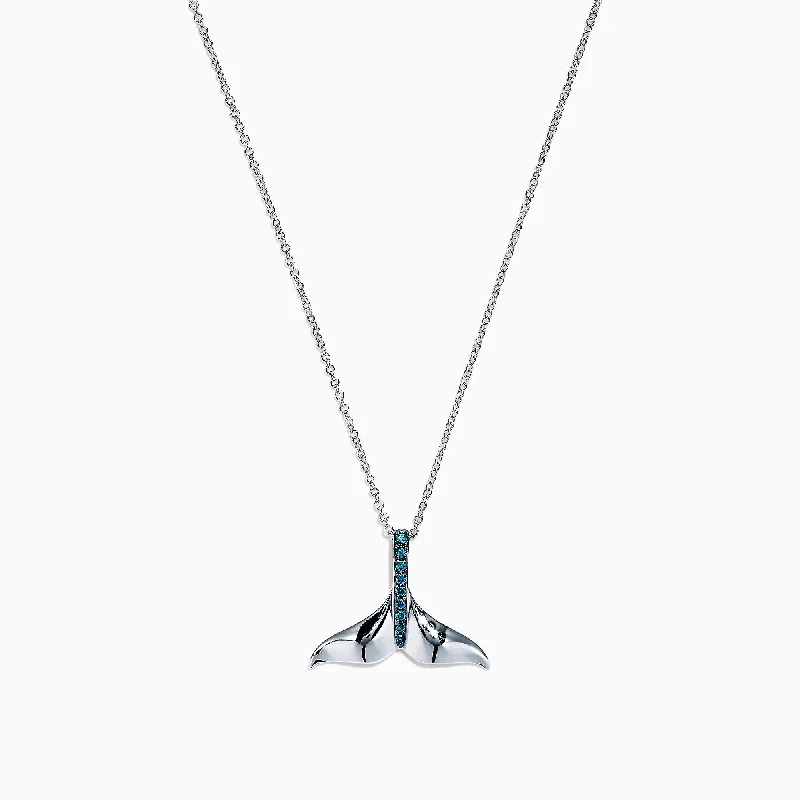 Seaside 14K White Gold Blue Diamond Whale's Tail Pendant, 0.05 TCW