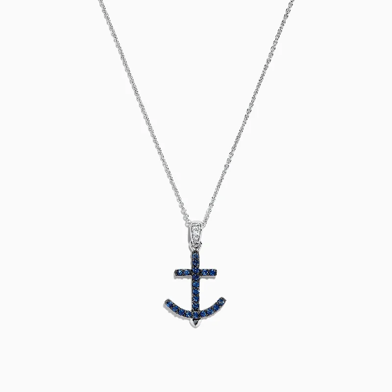 Seaside 14K White Gold Blue Sapphire and Diamond Anchor Pendant, 0.23 TCW