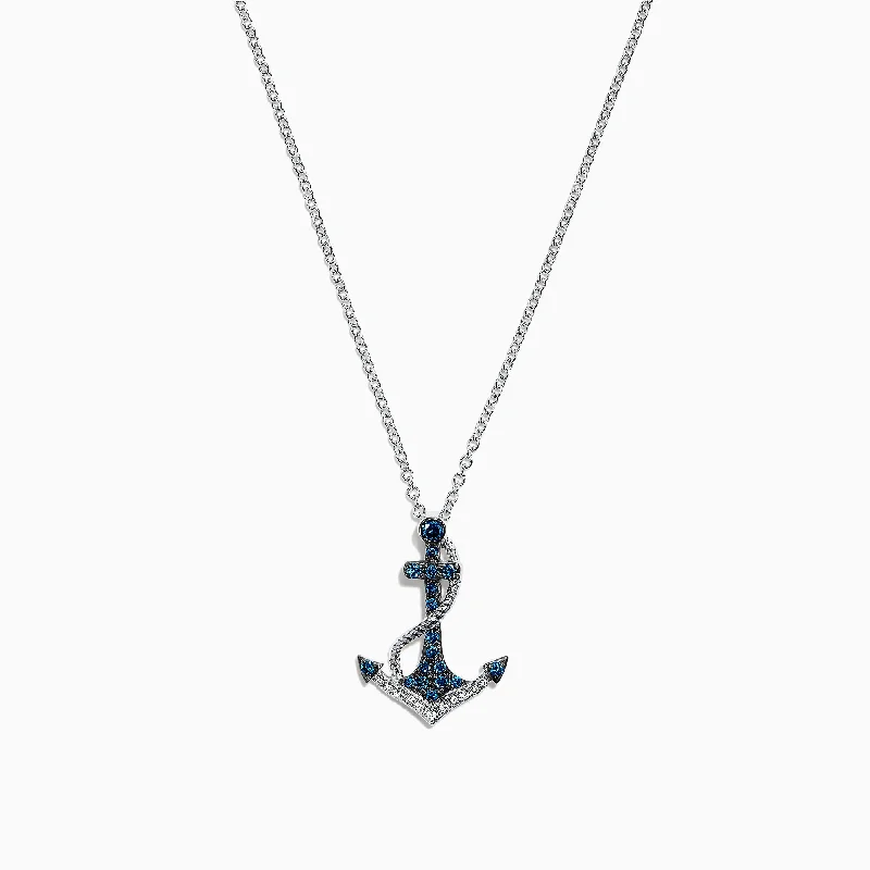 Seaside 14K White Gold Blue & White Diamond Anchor Pendant, 0.20 TCW