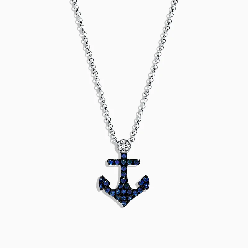 Seaside 14K White Gold Sapphire and Diamond Anchor Pendant, 0.29 TCW