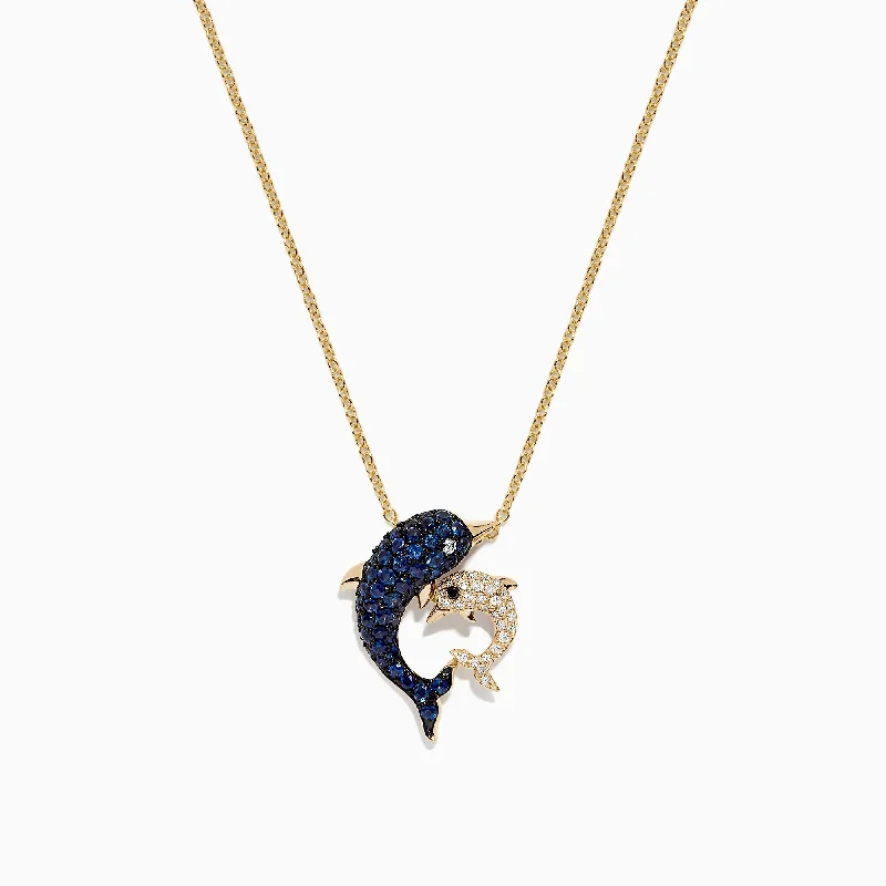 Seaside 14K Yellow Gold Sapphire & Diamond Dolphins Pendant, 0.72 TCW