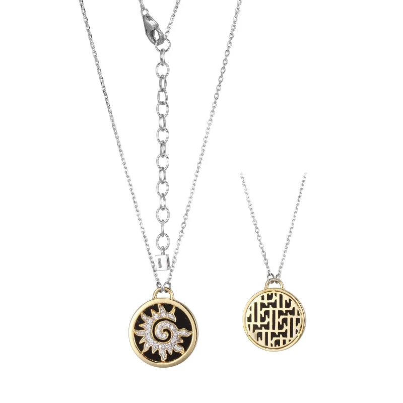 dainty chain bracelet layered Elle SS ''PROTECT SUN'' 2TONE RHODIUM AND GOLD PLATED BLACK AGATE & PAVE CZ SUN MOTIF NECKLACE 18''+ 2'' EXTENSION
