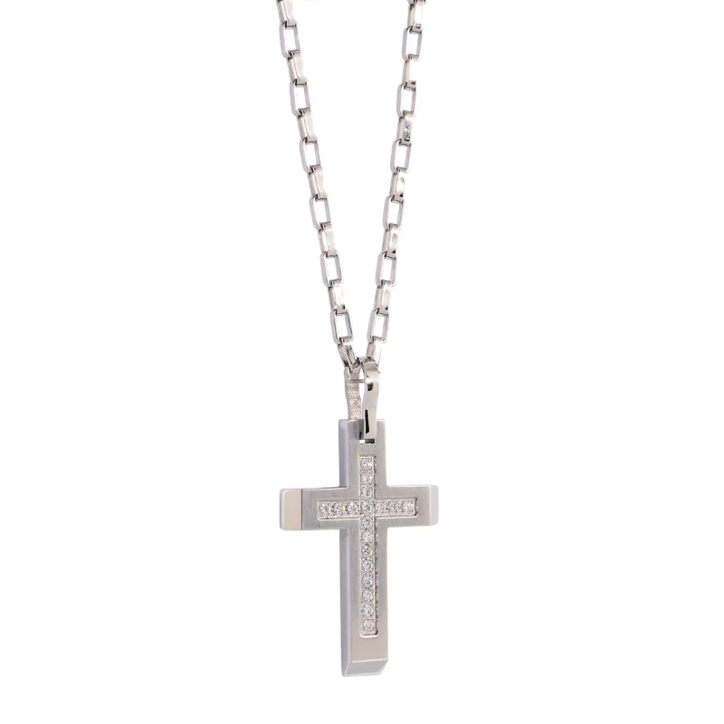 bold statement ring chunky Italgem Steel S.Steel Matte White-C.Z. Cross 22''-Necklace