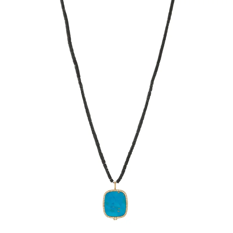 Diamond and Blue Gem Pendant Necklace with Black Beads