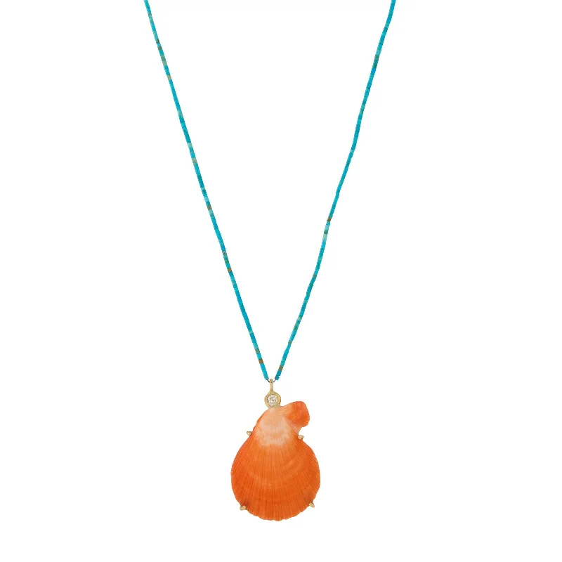 Diamond and Orange Shell Pendant Necklace with Turquoise Beads