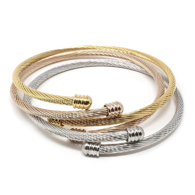 sapphire engagement ring halo Stainless Steel Set of Three Cable Bangle Three Tone