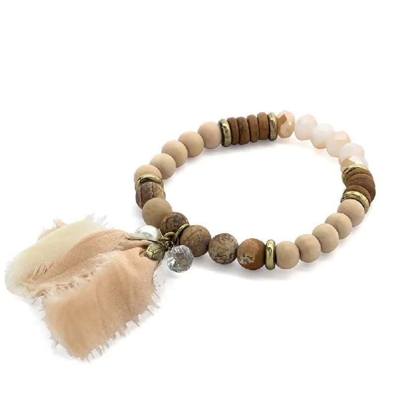 natural amethyst necklace Wood Stone Stretch Bracelet Fabric Tassel Brown